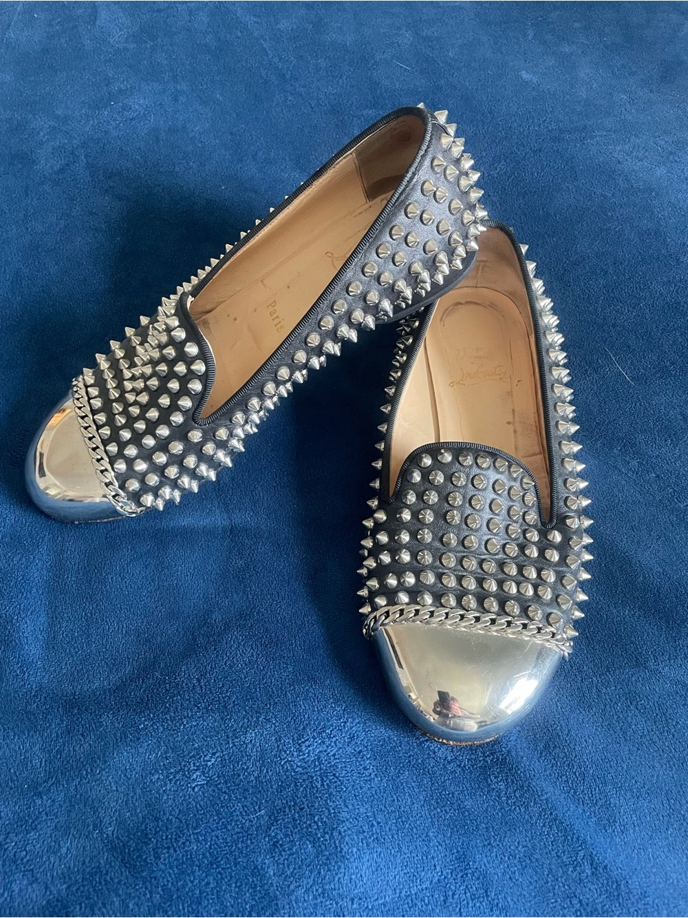 Christian Louboutin Black Leather Studded Flats with Silver Cap Toe